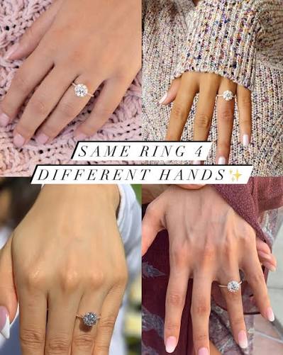 The same round solitaire engagement ring worn on four different hands, from slim to wider fingers